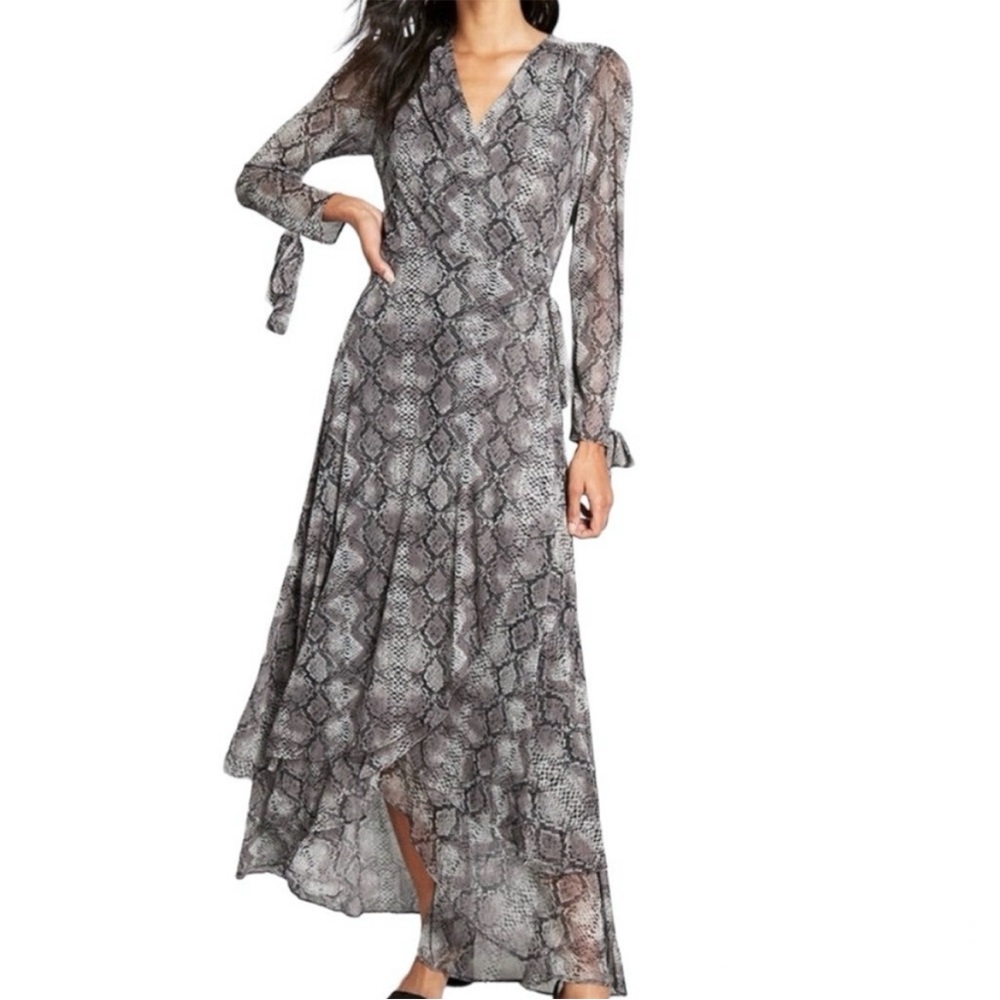 Betsey Johnson Snake Print Bow Sleeve Wrap Maxi Dress Gray Black Evening Formal - Picture 2 of 16